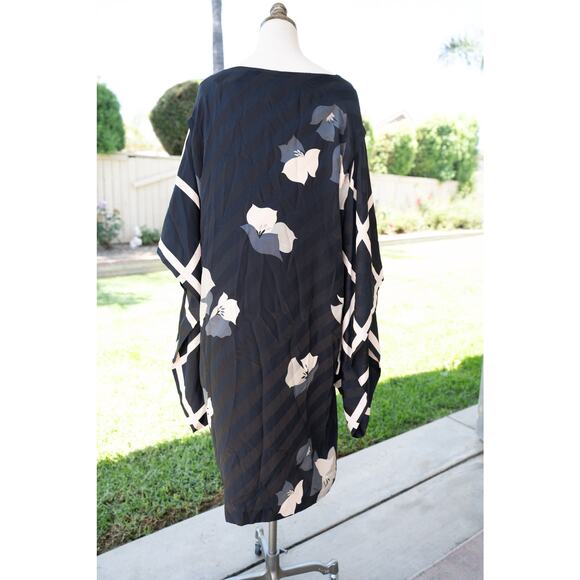 100% Vintage Mod Kaftan Dress Long Sleeve Black Floral Flowy - Picture 8 of 9